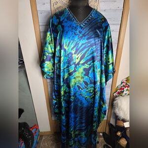 Vtg 80s Caftan Vibrant Blue Green Baroque Floral Tie Dye Satin Batwing Gown Dres